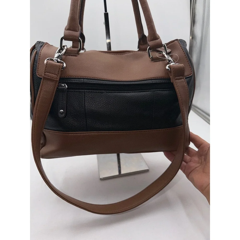 Tignanello Leather Satchel Handbag Brown Black Two Tone Pebbled Zip Top Bag